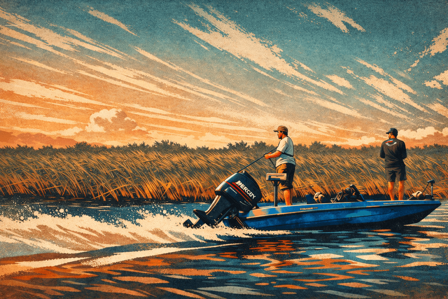 Anglers fishing from a bass boat at sunset